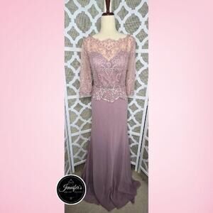 Cameron Blake by Mon Cheri NWT Pink Lace Hand Beaded Illusion Chiffon Gown 10